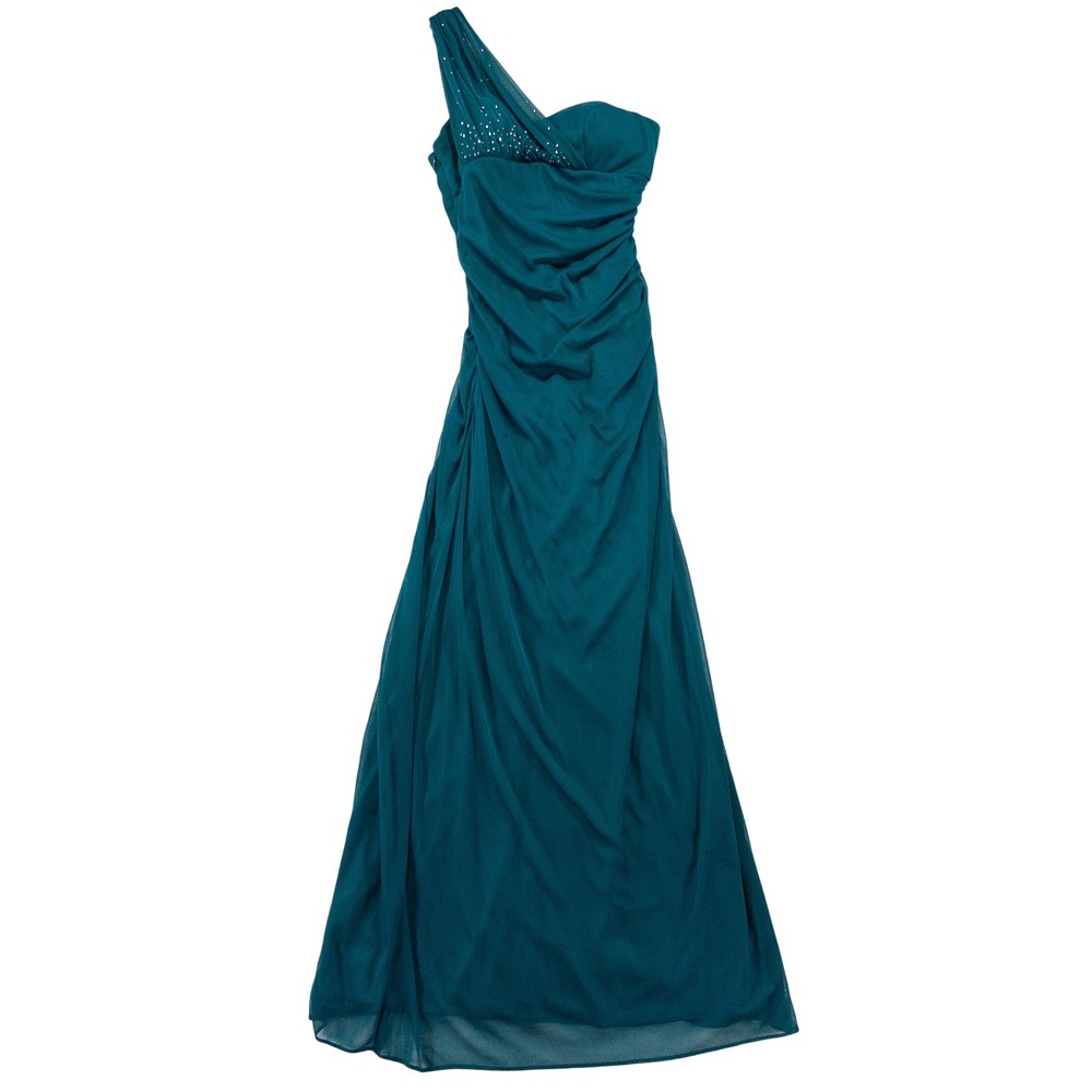 Y2K Blondie Nites One Shoulder Maxi Dress 4P Teal Rhinestuds Ruched Formal Prom